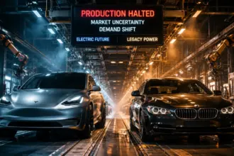 Panoramic industrial view of discontinued cars sitting on a halted automotive manufacturing assembly line