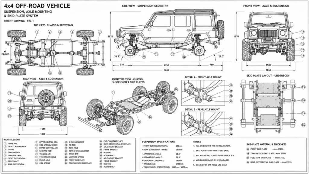 Patent blueprints showing suspension layout for an Off Road SUV