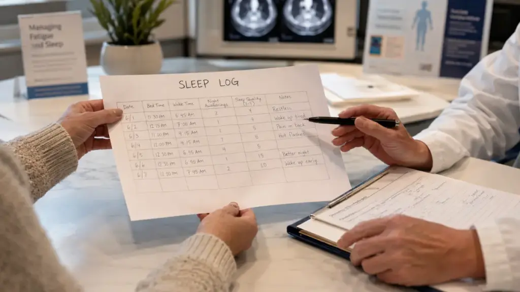 Patient presenting a sleep log to a doctor regarding insomnia after chemotherapy.