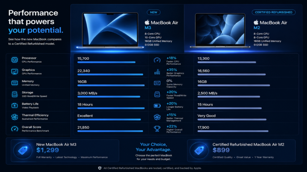 Performance comparison of Apple Refurbished MacBooks and factory new units.