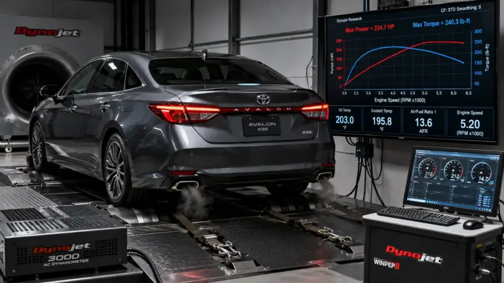 Performance testing of a Toyota Avalon on a chassis dynamometer.