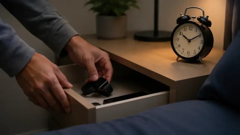 Person placing a digital wearable device into a drawer to focus on natural sleep quality.