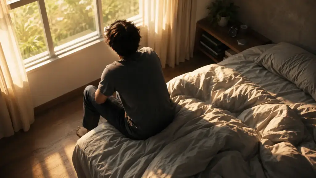 Person sitting on the edge of a bed looking out the window in sunlit room Sleep quality.