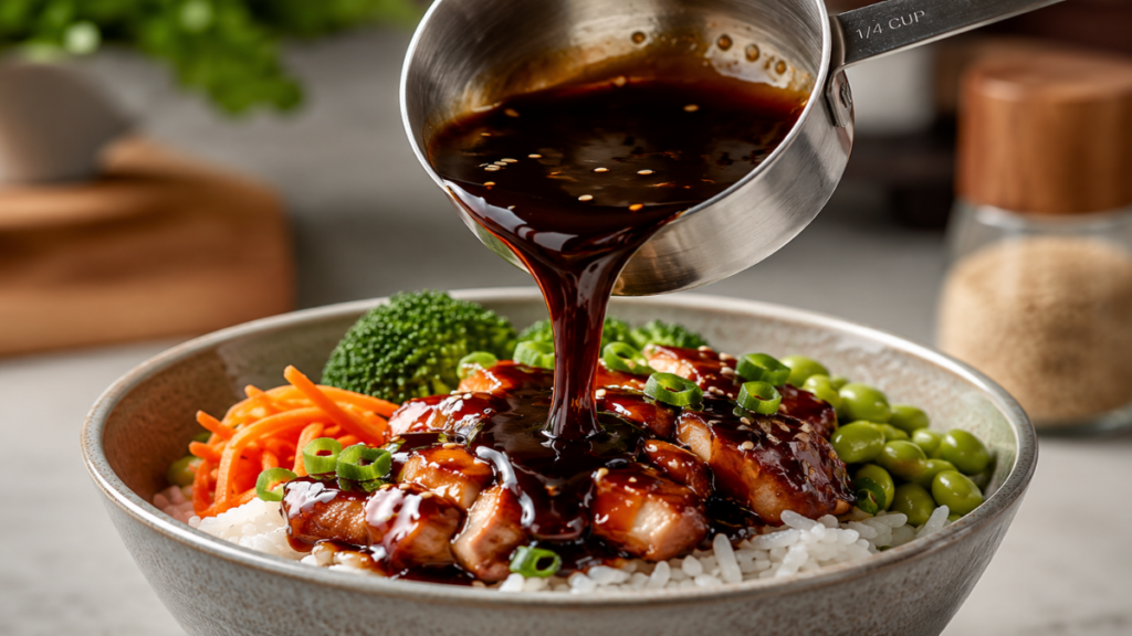 Pouring-savory-sauce-over-dry-rice-to-execute-easy-lazy-dinner-recipes-for-tight-schedules.