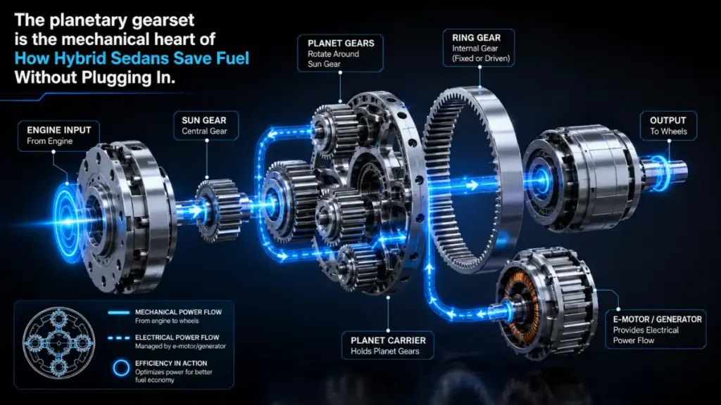  Power-Split Device mechanical breakdown in How Hybrid Sedans Save Fuel Without Plugging In.