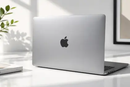 Premium Apple Refurbished MacBooks displayed in a professional studio setting