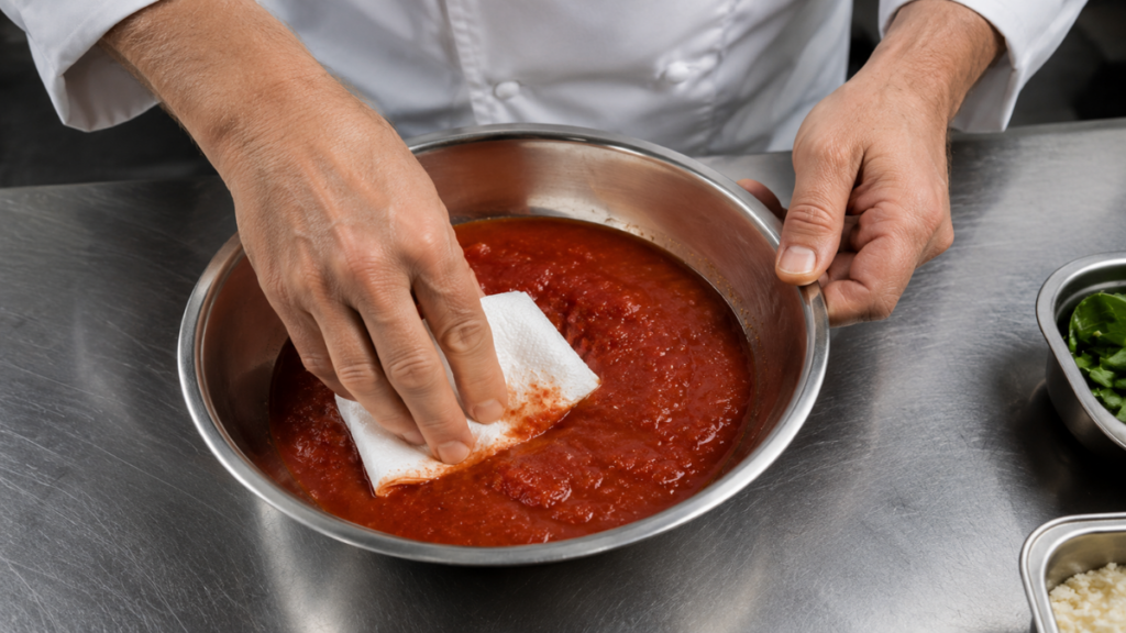 Preparing-dry-pizza-toppings-to-secure-perfect-baking-temperature-conditions.