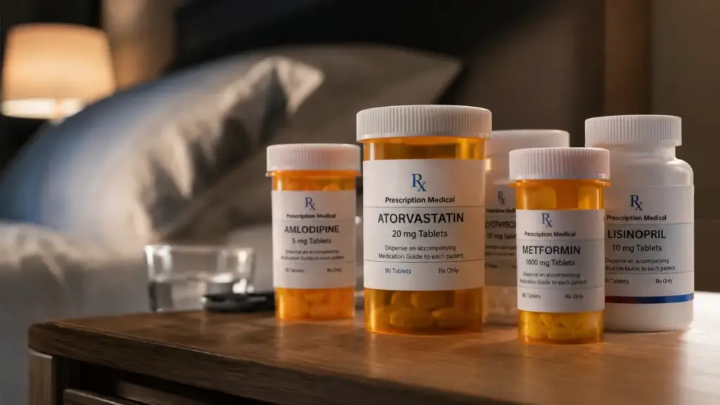 Prescription medications and supplements managed for insomnia after chemotherapy on a nightstand.