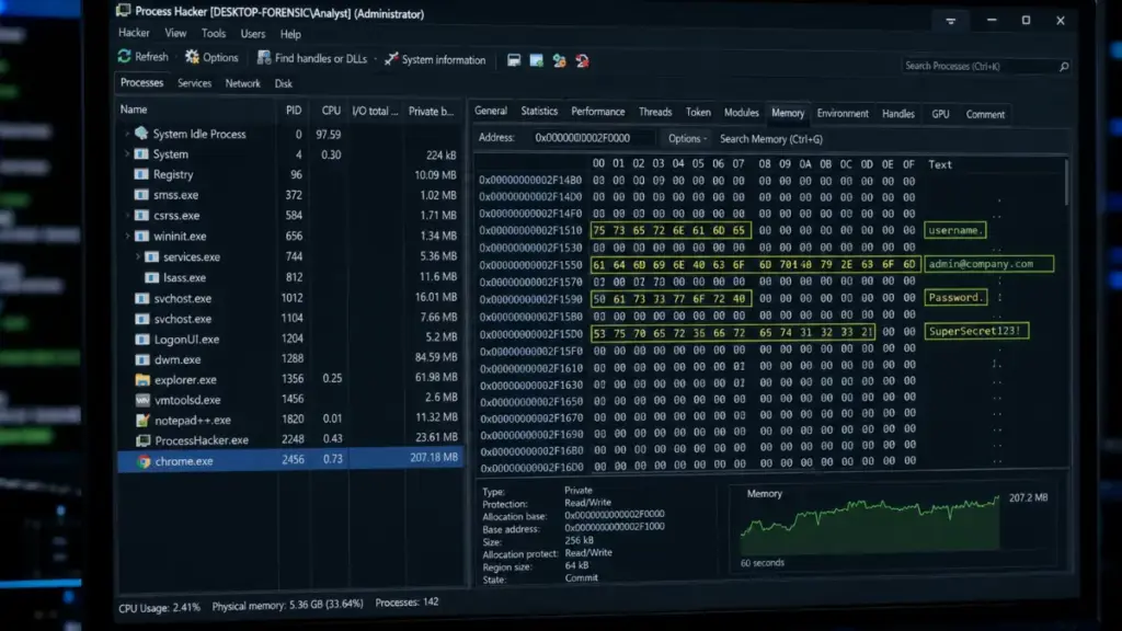 Process memory dump showing plain text credentials leaked by a password manager.