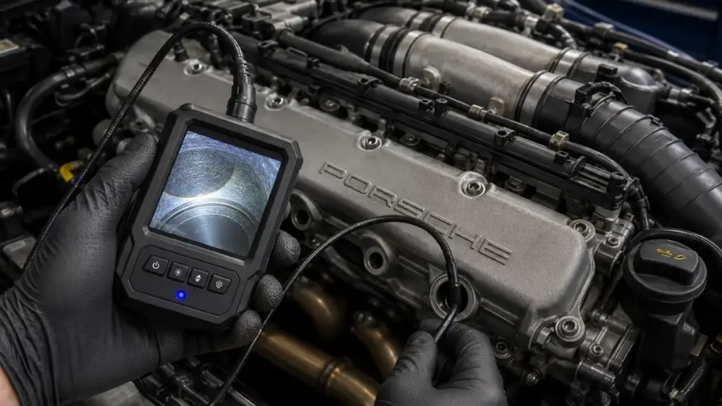 Professional mechanic performing a borescope cylinder inspection during a used Porsche Boxster inspection.