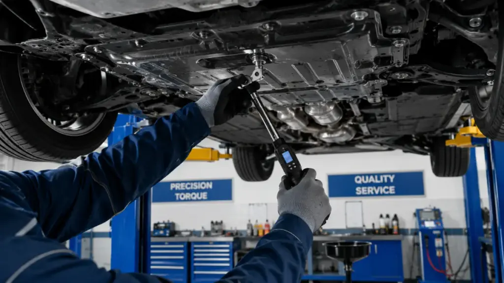 Professional technician performing oil service to maintain Kia Sportage hybrid fuel savings
