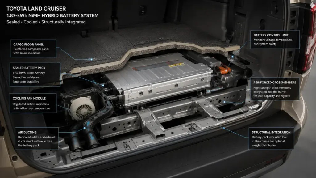 Rear hybrid battery placement and structure inside the Toyota Land Cruiser