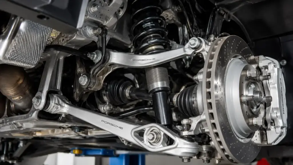 Rear suspension assembly detailing aluminum control arms on a Porsche Boxster chassis.