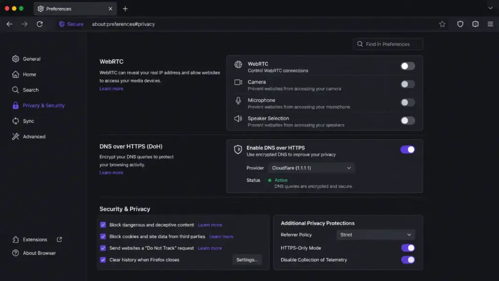 Reconfiguring browser settings to prevent website vpn leaks