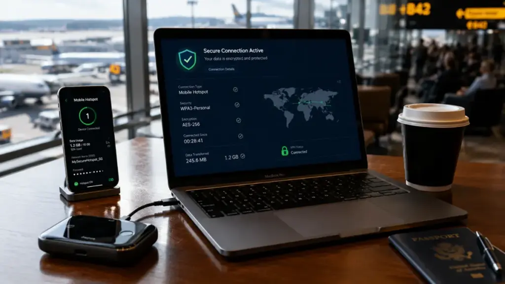 Remote executive utilizing mobile hotspots in public venues to safeguard sensitive data