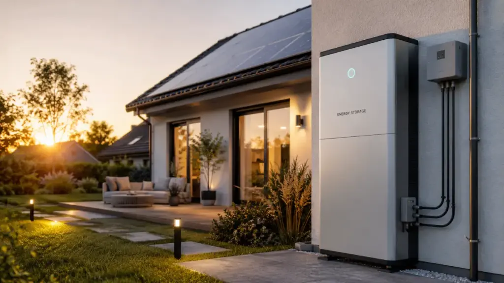Residential energy storage system connected to solar panels EV battery in a backyard setting.