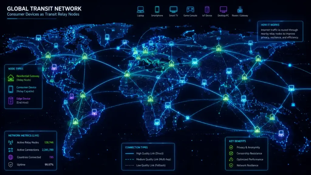 Residential proxy node network utilizing free website vpn bandwidth