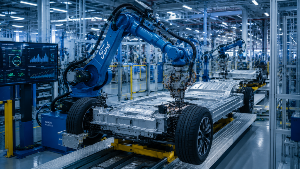  Robotic production line creating the frame of a new Ford Electric Truck.