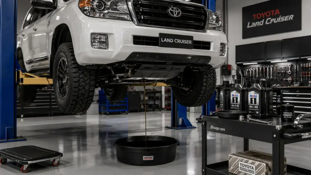 Routine oil service being performed on a hybrid Toyota Land Cruiser