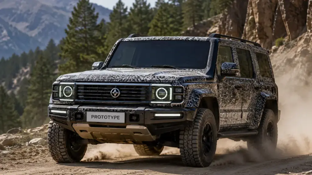 Rugged new Off Road SUV prototype driving on a mountain pass