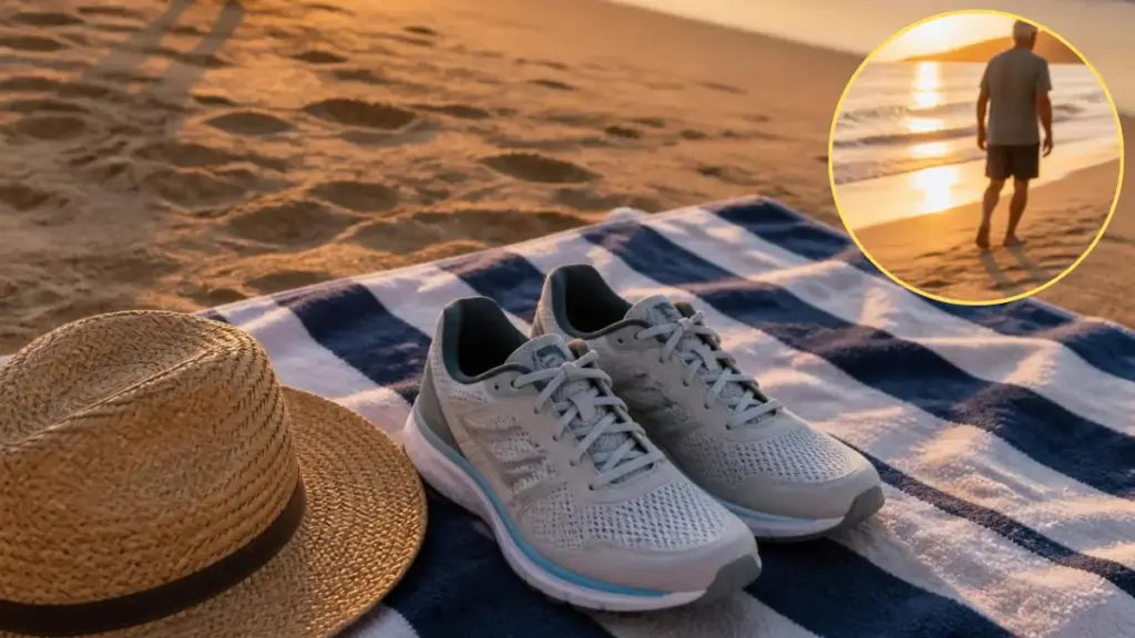  running shoes on beach towel while senior walks barefoot in background for active recovery physical activity recommendations.
