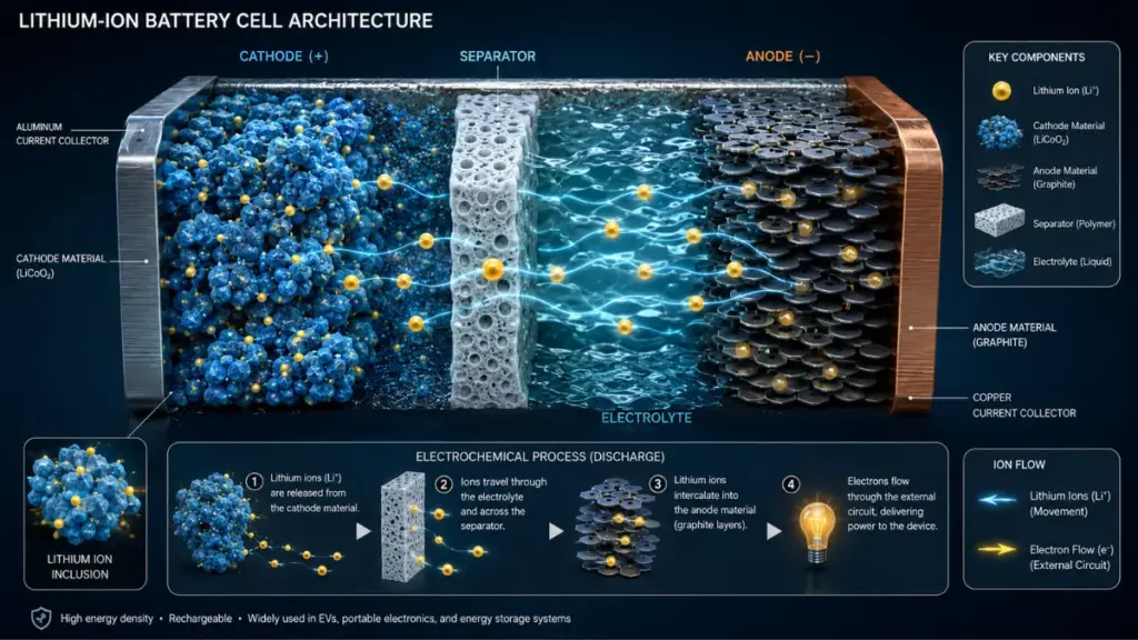 Scientific diagram showing internal architecture of an EV battery cell with ion movement between cathode and anode.
