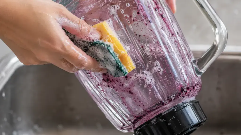 cleaning-a-disassembled-blender-jar-with-a-soapy-sponge