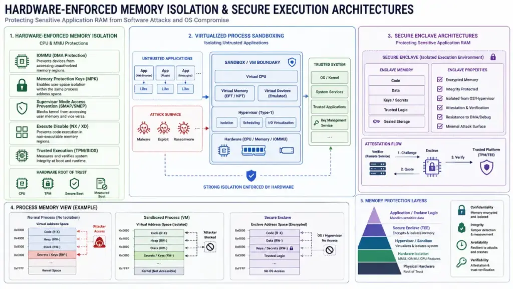 Secure memory enclave architecture protecting password manager memory allocations.