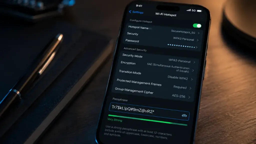 Security configuration menu for mobile hotspots selecting WPA3 encryption protocols