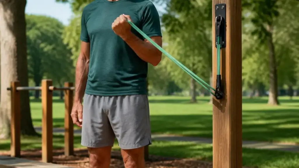senior man using resistance bands in park fitness zone adhering to physical activity recommendations.
