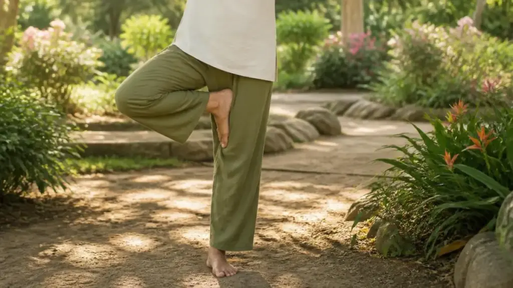 Senior-woman-practicing-tree-pose-yoga-in-garden-for-balance-criteria-of-physical-activity-recommendations