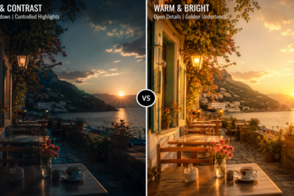 Side by side comparison of Google Camera vs iPhone Camera rendering architectural scenes