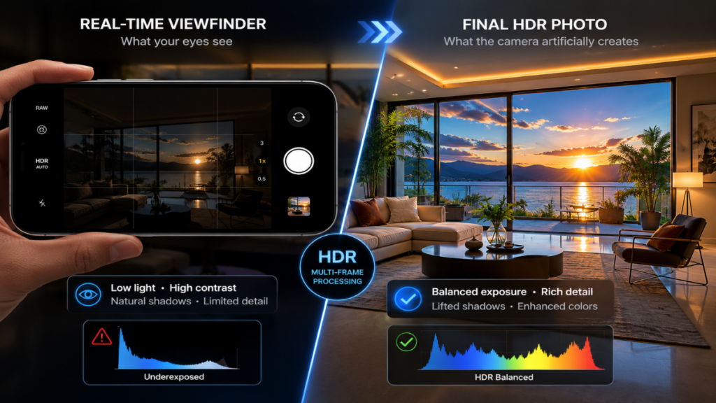 Side-by-side graphical comparison displaying the visual shift between a camera preview vs processed photo.

