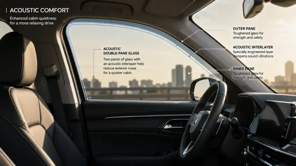 Side door construction showing sound dampening glass that complements Kia Sportage hybrid fuel savings