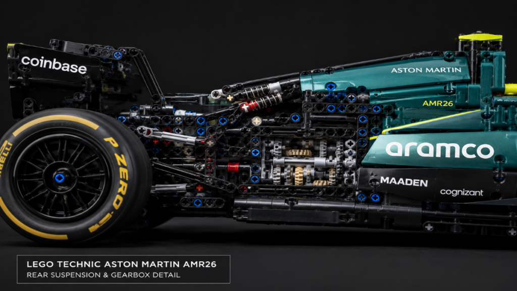 Side view detailing the rear suspension and gearbox of the LEGO Technic Aston Martin AMR26.