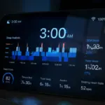 Sleep quality tracker display showing complex data graphs in a dark room
