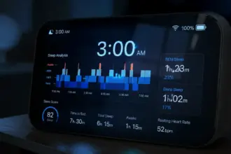 Sleep quality tracker display showing complex data graphs in a dark room