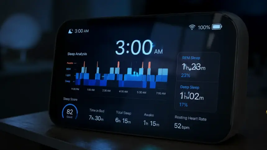 Sleep quality tracker display showing complex data graphs in a dark room