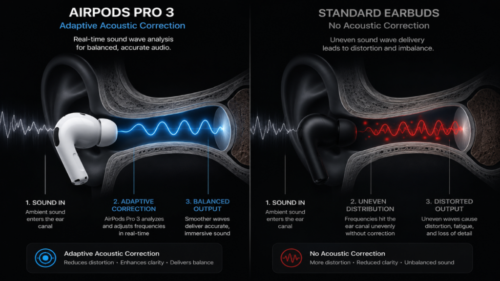 Sound wave simulation demonstrating Adaptive EQ processing compared to standard fixed equalization AirPods Pro 3