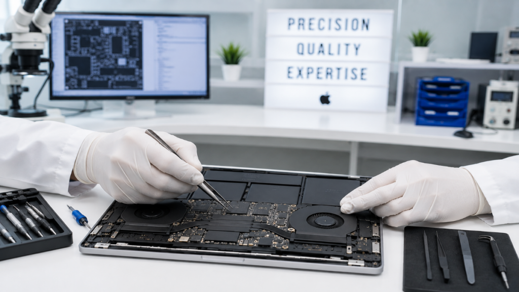 Specialized technician inspecting Apple Refurbished MacBooks components.