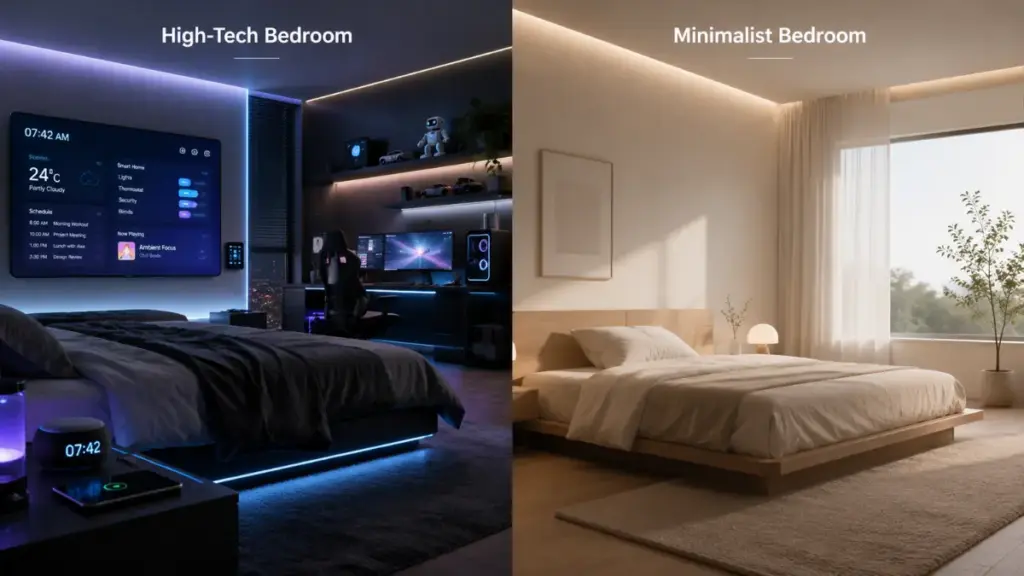 Split-screen comparing a high-tech bedroom with a minimalist, calm bedroom Sleep quality.
