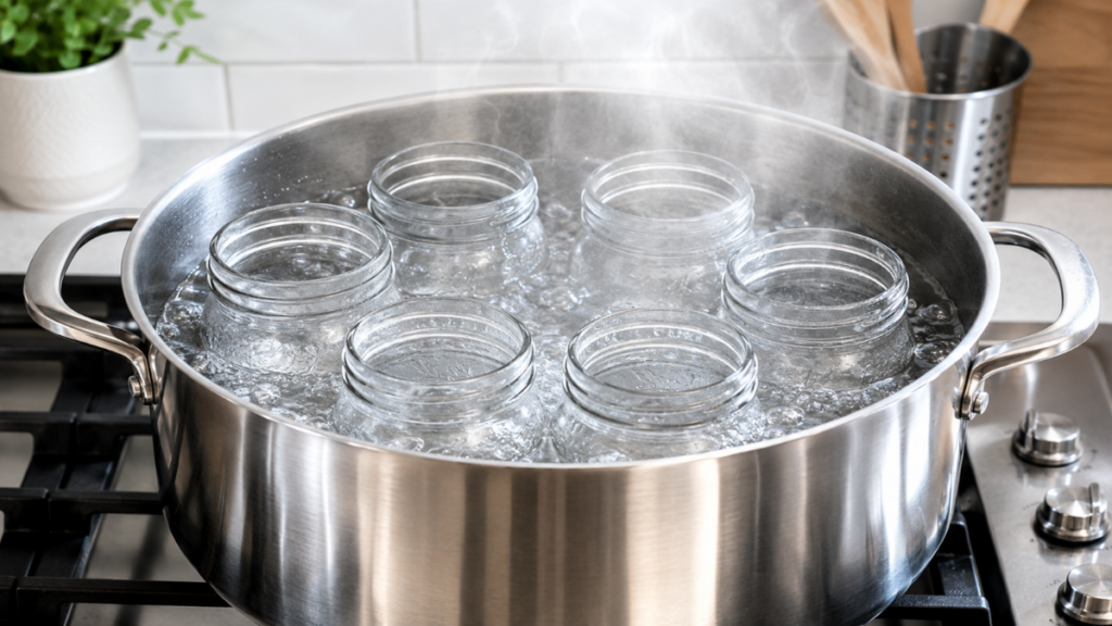 Steam-sterilization-of-glass-jars-designed-for-holding-gut-health-probiotics-from-homemade-fermented-foods.