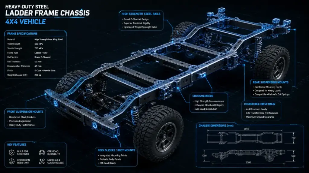 Steel ladder frame architecture engineered for a high-performance Off Road SUV