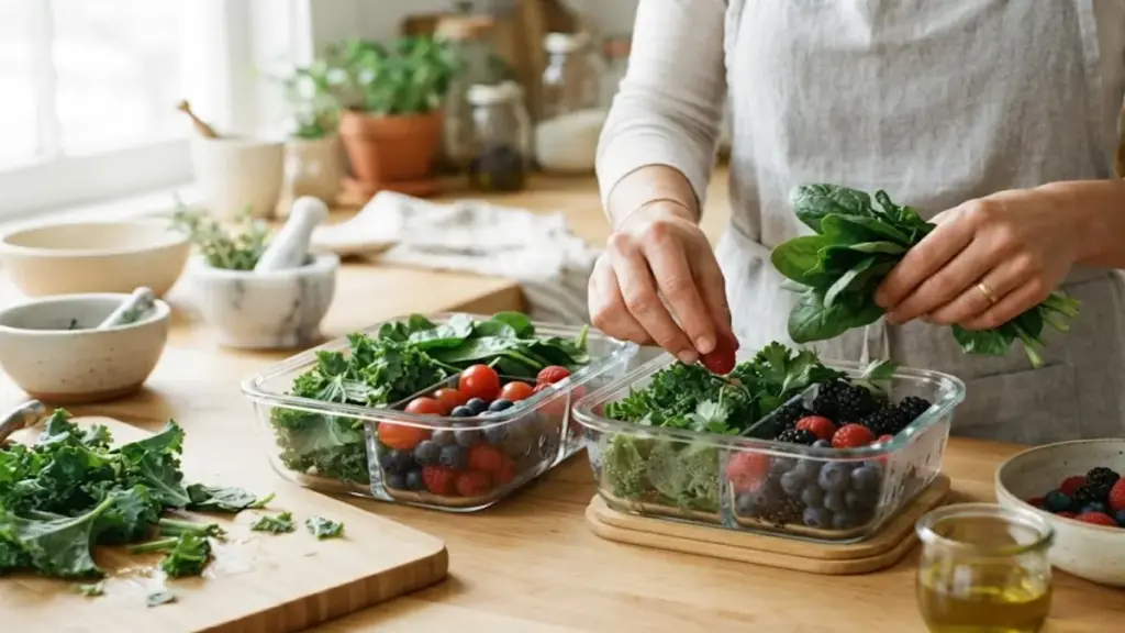 woman-arranging-fresh-vegetables-and-berries-in-glass-containers