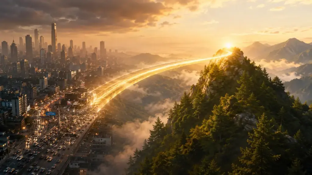 Sunlight bridge connecting a chaotic city to a calm mountain peak Sleep quality.