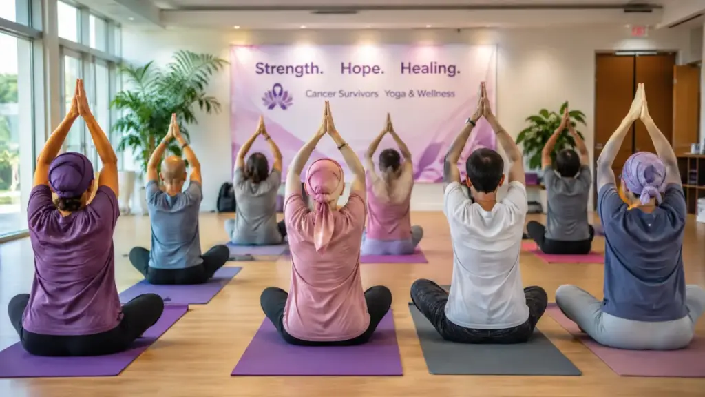 Survivors participating in a YOCAS yoga session to alleviate insomnia after chemotherapy.