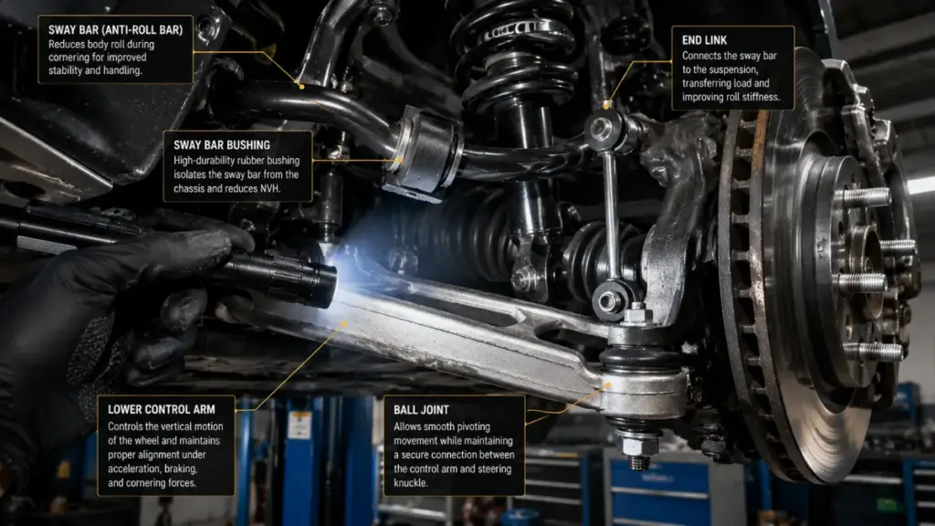 Suspension component inspection on a pre-owned Toyota Avalon.