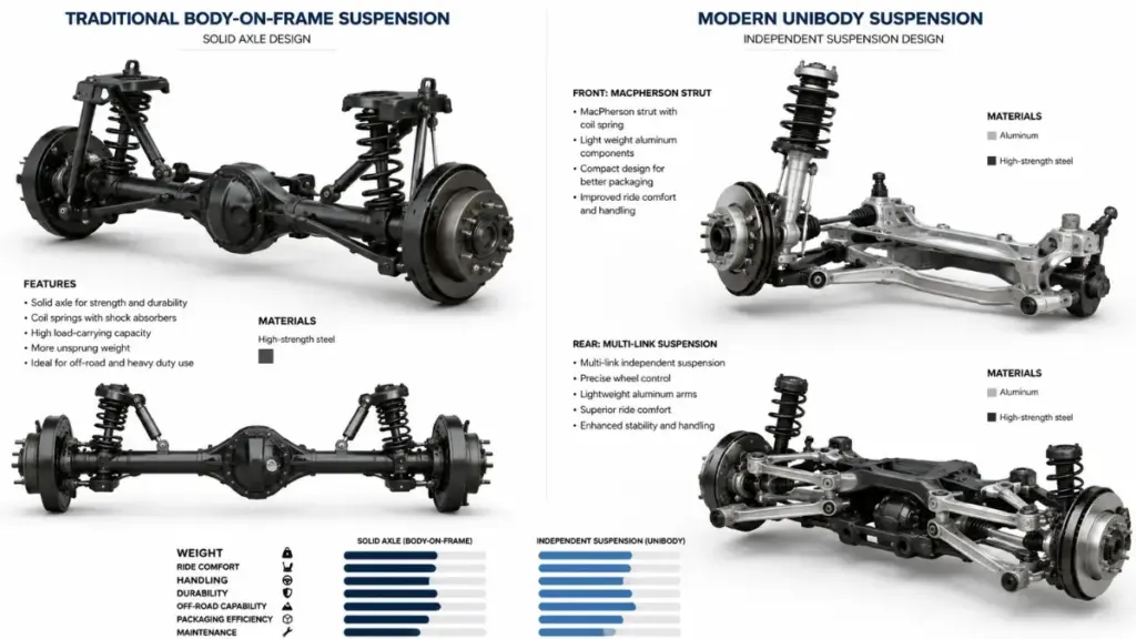 Suspension engineering comparison between a modern Toyota Avalon and traditional luxury cars.