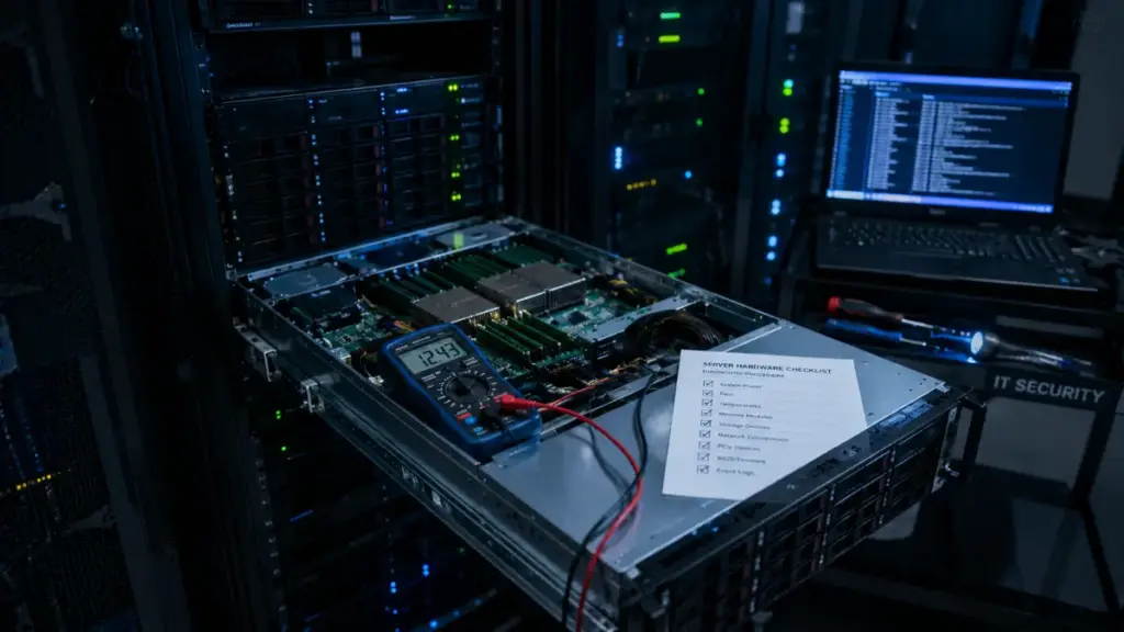 System administrator auditing physical host hardware running bitwarden password manager