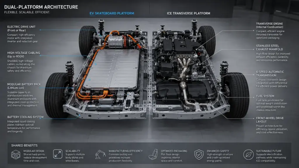 Technical 3D chassis layout comparing electric skateboard architecture with internal combustion discontinued cars.